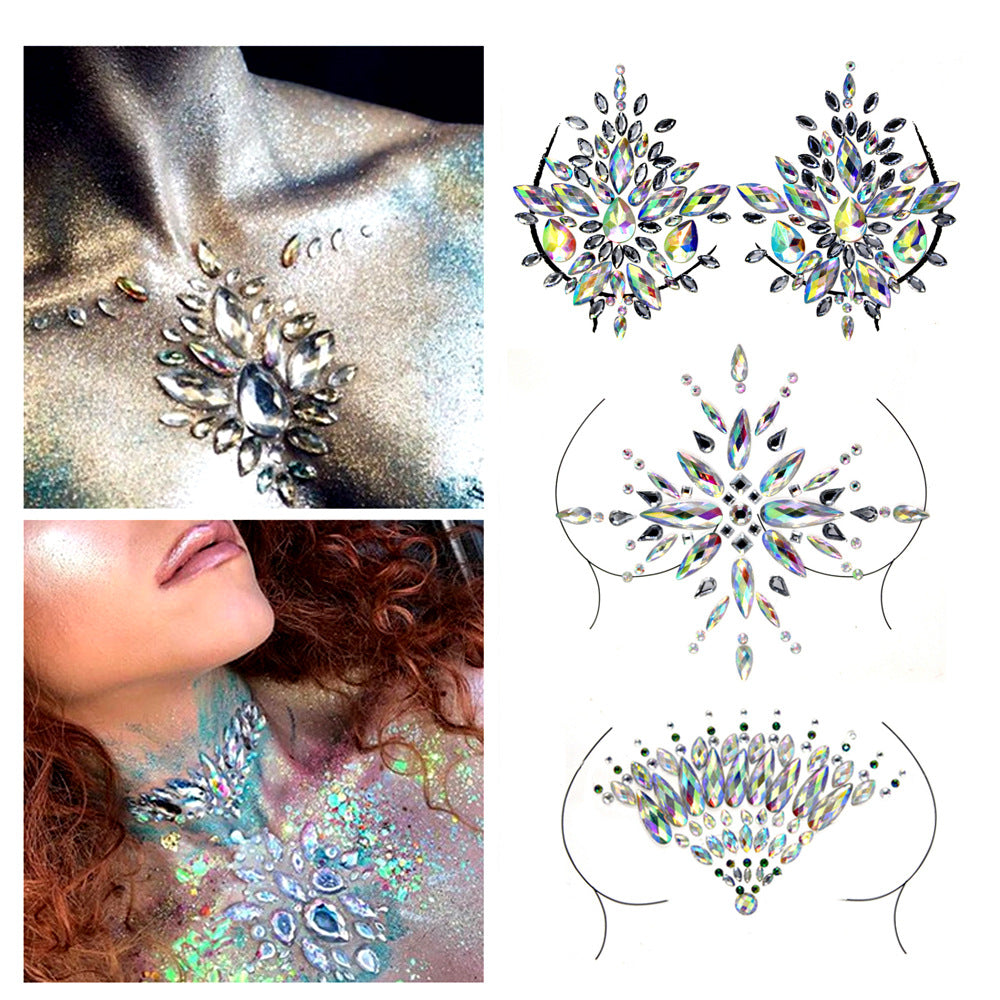 Women Kids 4 Sheets breast body neck Nipple Crystal Glitter Rhinestone Diamond Stickers Art Designs Self Adhesive Gem Festival Makeup Temporary Tattoos for Rave Festival Party