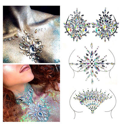 Women Kids 4 Sheets breast body neck Nipple Crystal Glitter Rhinestone Diamond Stickers Art Designs Self Adhesive Gem Festival Makeup Temporary Tattoos for Rave Festival Party