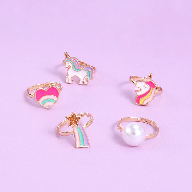 5pcs Adjustable Girls Rings Set Toys, Unicorn Finger Rings Princess Mermaid Rainbow Dress up for Children Kids Little Girls