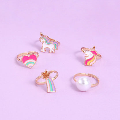 5pcs Adjustable Girls Rings Set Toys, Unicorn Finger Rings Princess Mermaid Rainbow Dress up for Children Kids Little Girls