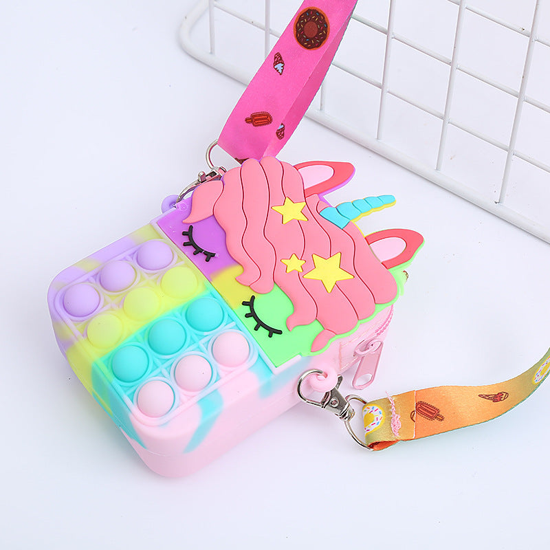 Unicorn Sensory Pop Toy Bag Girls Shoulder Bag, Silicone Pop Fidget Bag Poppet Handbag Purse Push Bubble Messenger Bag Anxiety Stress Relief for Children, Girls (Unicorn Rainbow Pop Bag)