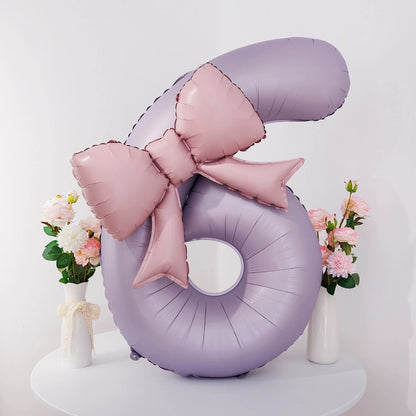 40'' Purple Number with Bow Balloon, Self Inflating Foil Light Pink Set 0-9, Pastel Pink Helium Balloon for Girls Birthday Party Decorations Anniversary Supplies (Purple, Number 9)