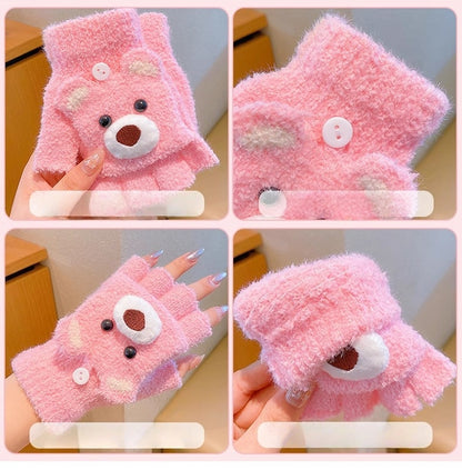 Fingerless Flap Cover Gloves Winter Knit Warm Mittens Soft Lined Fleece Thermal Outdoor Half Finger with Cover Convertible Flip Top for Kids boys girls(3D Capybara)