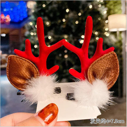 8PCS Christmas Xmas Party Santa Reindeer Snowman Pom Pom Bell Antler Kids Girls Toddlers Women Hair Clips Alligator Barrettes Hairpins Party