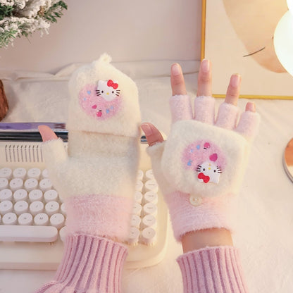 Fingerless Flap Cover Gloves Winter Knit Warm Mittens Soft Lined Fleece Thermal Outdoor Half Finger with Cover Convertible Flip Top for Kids boys girls (hello kitty)