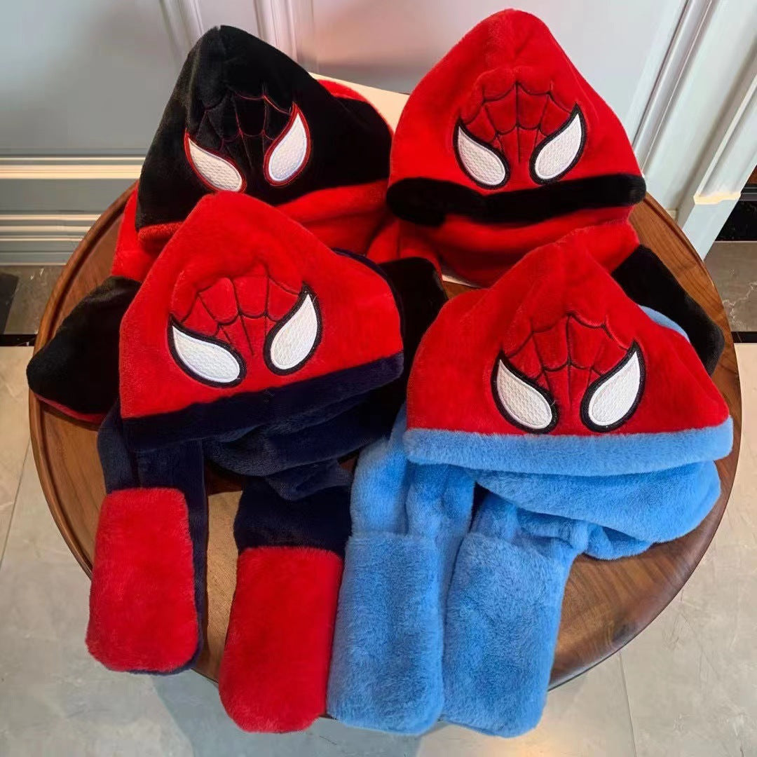 Kids Cartoon 3 in 1 Hat Scarf Gloves Set Winter Warm Fleece Stch Faux Fur Hoodie Full Hood Thick Thermal Scarves Gifts for Boys and Girls Kids(Spiderman)