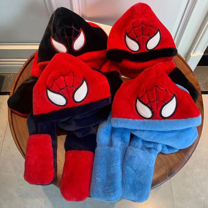 Kids Cartoon 3 in 1 Hat Scarf Gloves Set Winter Warm Fleece Stch Faux Fur Hoodie Full Hood Thick Thermal Scarves Gifts for Boys and Girls Kids(Spiderman)