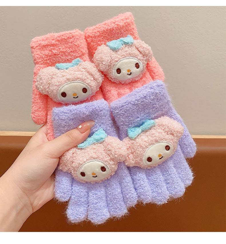 Full Finger Gloves Dinosaur Cat Capybara Winter Knit Warm Mittens Soft Lined Fleece Thermal Outdoor Stretchy Gloves for Kids boys girls(3D hello kitty)