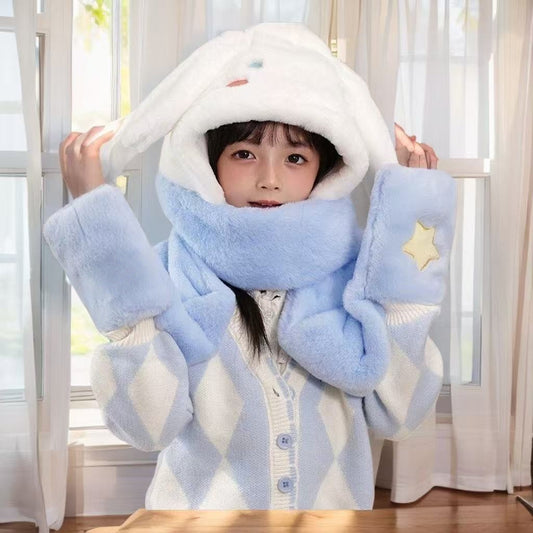 Kids Cartoon 3 in 1 Hat Scarf Gloves Set Winter Warm Fleece Stch Faux Fur Hoodie Full Hood Thick Thermal Scarves Gifts for Boys and Girls Kids (Cinnamoroll)