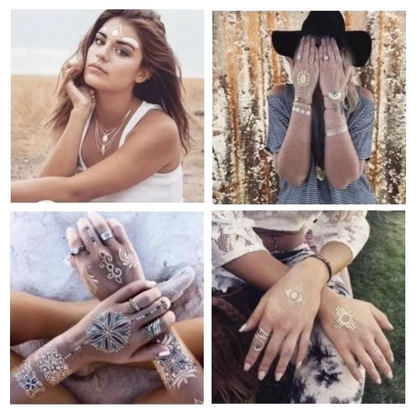 9 Sheets Women Men Gold Fashion Metallic Temporary Tattoos Waterproof Stickers Festival Fake Jewelry Tattoos Body Art