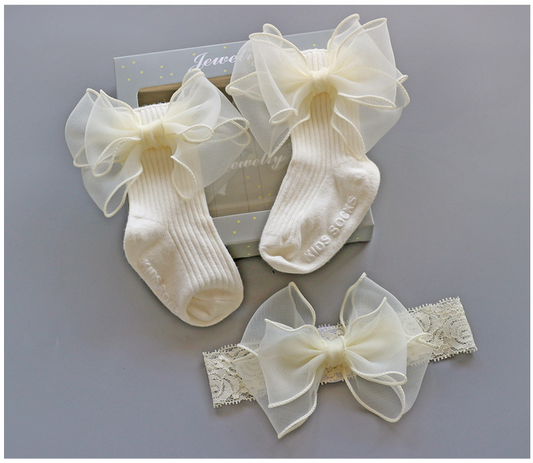 3PCS Baby Crown Lace Tutu Flower Socks Princess Party Newborn Toddler Ankle Socks Hair Headband Gift Set in Box (G)
