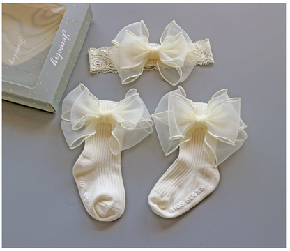 3PCS Baby Crown Lace Tutu Flower Socks Princess Party Newborn Toddler Ankle Socks Hair Headband Gift Set in Box (G)