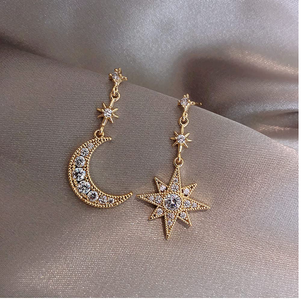 Women Star Moon Fashion Jewellery Gold Silver Plated Bling Stud Earrings with Crystal Allergy Free