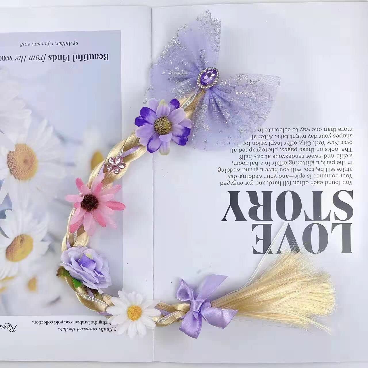 Kids Girls Toddlers Blue Elsa pink Ponytail Hair Extension Party Hair clips Snowflake Crown Headband Hairband Costume Dress up Braided Wigs (Rapunzel Ponytail(FLOWERS RANDOM))