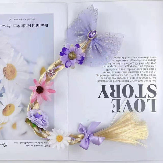 Kids Girls Toddlers Blue Elsa pink Ponytail Hair Extension Party Hair clips Snowflake Crown Headband Hairband Costume Dress up Braided Wigs (Rapunzel Ponytail(FLOWERS RANDOM))