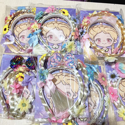 Kids Girls Toddlers Blue Elsa pink Ponytail Hair Extension Party Hair clips Snowflake Crown Headband Hairband Costume Dress up Braided Wigs (Rapunzel Ponytail(FLOWERS RANDOM))