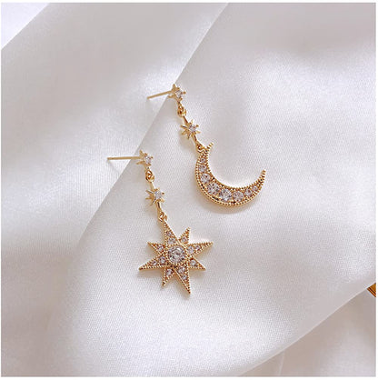 Women Star Moon Fashion Jewellery Gold Silver Plated Bling Stud Earrings with Crystal Allergy Free(Silver)
