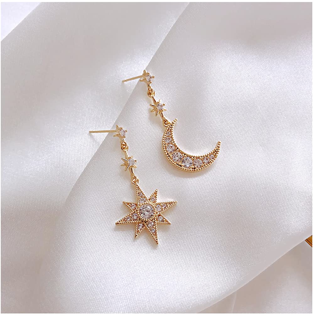 Women Star Moon Fashion Jewellery Gold Silver Plated Bling Stud Earrings with Crystal Allergy Free (Gold)