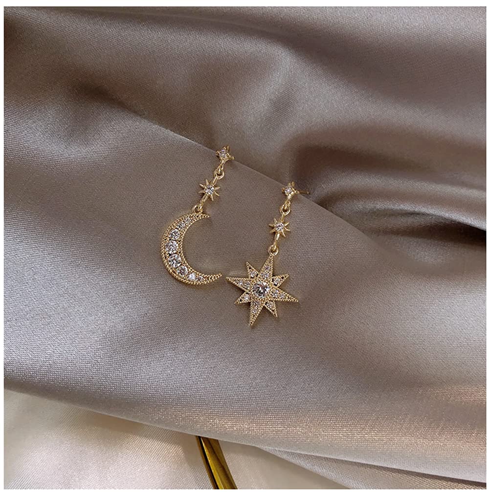 Women Star Moon Fashion Jewellery Gold Silver Plated Bling Stud Earrings with Crystal Allergy Free(Silver)
