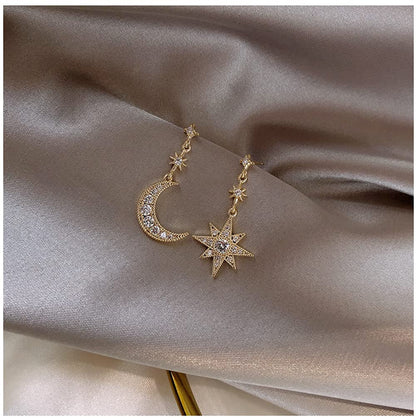 Women Star Moon Fashion Jewellery Gold Silver Plated Bling Stud Earrings with Crystal Allergy Free(Silver)