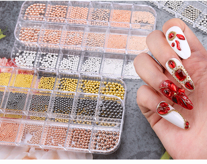 3D Nail Art Decorations Tool Nails Art Mini Micro Steel Nail Beads for Craft Nail Decoration, Silver Gold in box 6 Sizes (Silver)