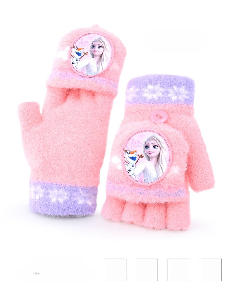 Fingerless Flap Cover Gloves Winter Knit Warm Mittens Soft Lined Fleece Thermal Outdoor Half Finger with Cover Convertible Flip Top for Kids boys girls (Pink Elsa 02)
