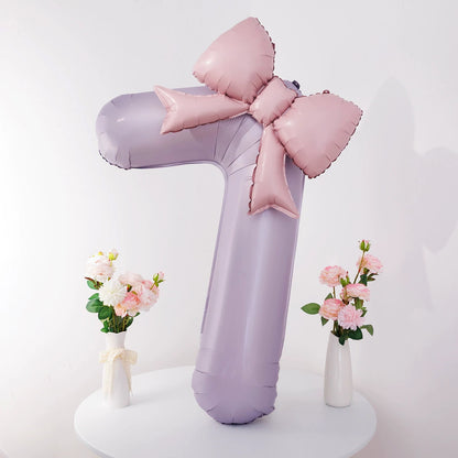 40'' Purple Number with Bow Balloon, Self Inflating Foil Light Pink Set 0-9, Pastel Pink Helium Balloon for Girls Birthday Party Decorations Anniversary Supplies (Purple, Number 9)