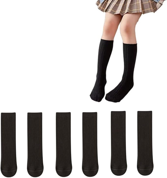 3 Pairs Back to School Kids Girls Knee High Plain School Uniform Colourful Cotton Rich Socks (Black)