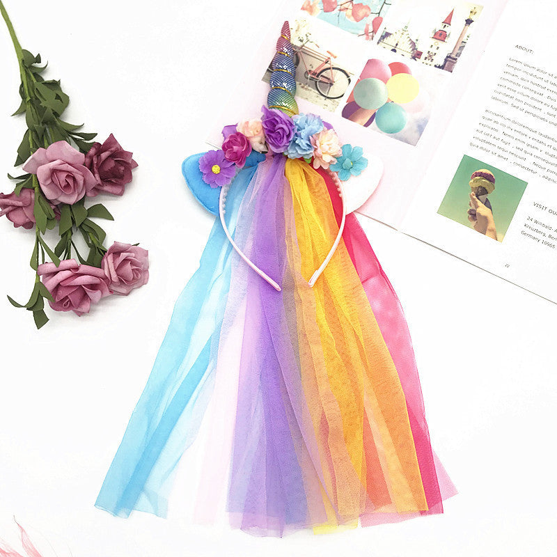 Unicorn Horn Floral Headband with Rainbow veil Ears Pony Head Bands Tiara for Girls Kids Headbands Party Birthday Cosplay Fancy costume (Rainbow Unicorn)