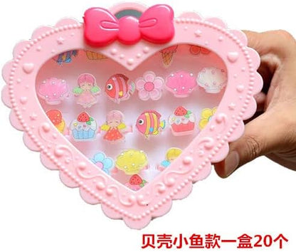20Pcs Adjustable Princess pink Jewelry Girl Kids elsa Cartoon Plastic Rings Gift Set with Heart Shape Box