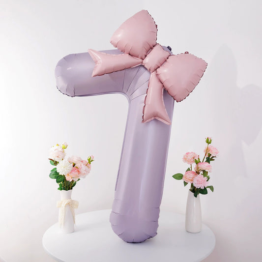 40'' Purple Number with Bow Balloon, Self Inflating Foil Light Pink Set 0-9, Pastel Pink Helium Balloon for Girls Birthday Party Decorations Anniversary Supplies (Purple, Number 7)
