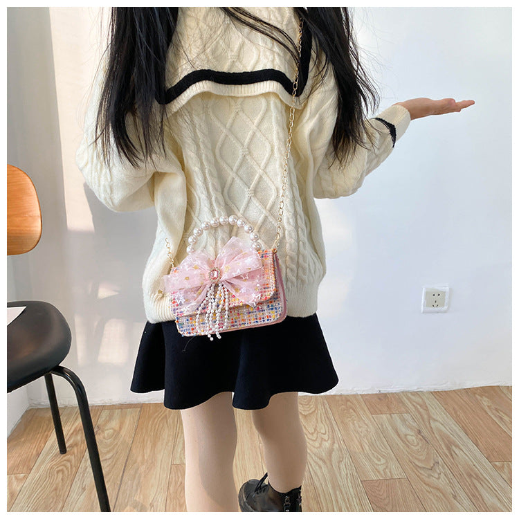 Shoulder Bag Girls Kids Children Handbags Portable Mini Coin Purse Messenger Crossbody Bag Princess Pearl Bow Mini Flip Bag Accessories Bags Gift Travel Holiday