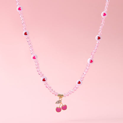 Jewellery Set for Girls Teenagers, Pink Cherry heart Necklace, and Stud Earrings - Kawaii Gifts for Girls Jewelry Favors Set Party Favors, Birthday Gift