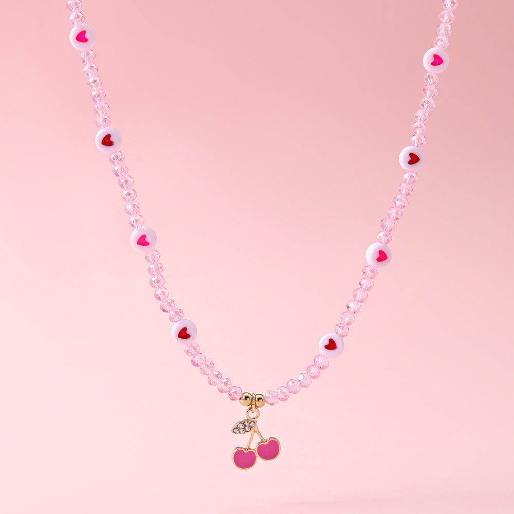 Jewellery Set for Girls Teenagers, Pink Cherry heart Necklace, and Stud Earrings - Kawaii Gifts for Girls Jewelry Favors Set Party Favors, Birthday Gift (Pink)