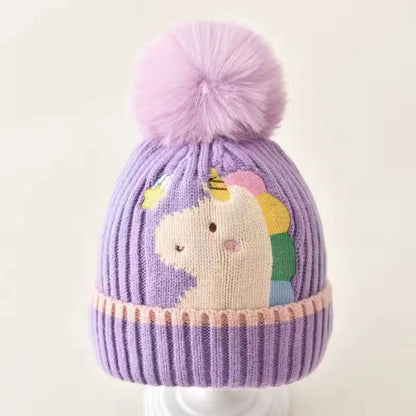 Kids Winter Beanie Hat Scarf for 2-10 Years Old Boys Girls.Outdoor Warm Fleece Lined Thermal Knit Fluffy Pom (Unicorn)