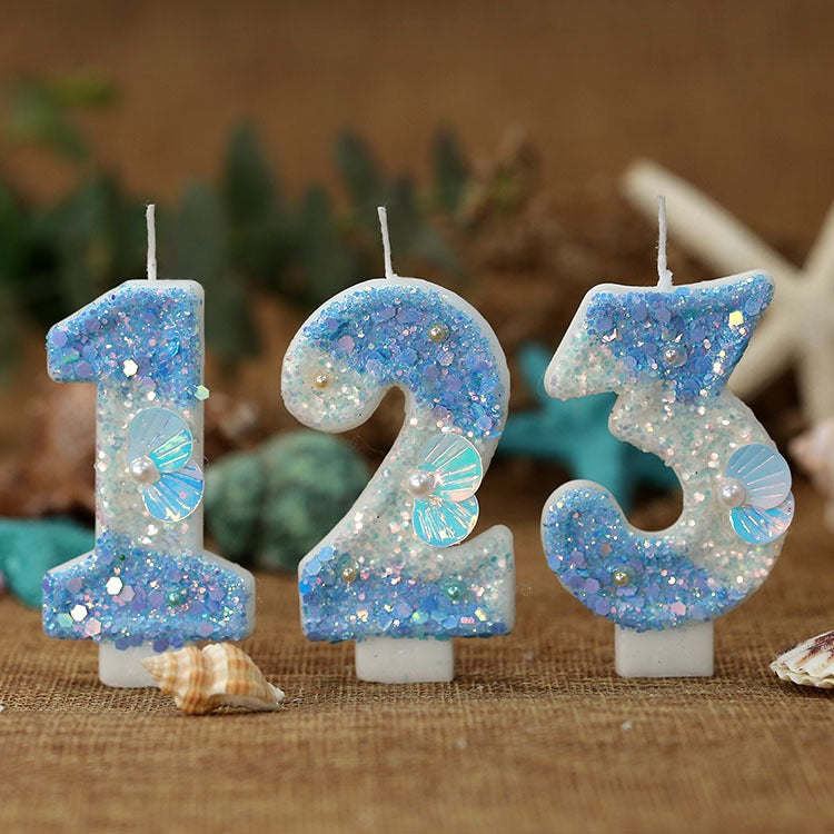 Mermaid Birthday Candles Shell Sequins Candles for Cake Blue Ocean Beach Birthday Cake Sequins Shell Number Toppers for Girls Boys Party Decorations (Blue, Number 5)