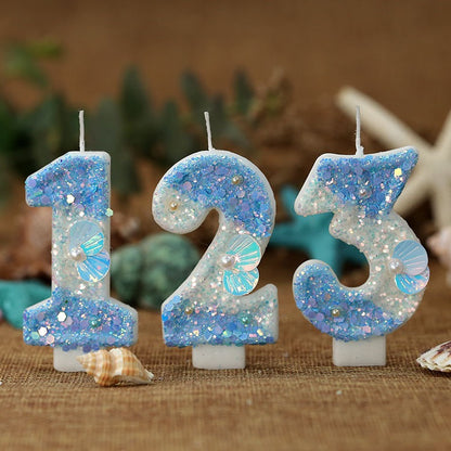 Mermaid Birthday Candles Shell Sequins Candles for Cake Blue Ocean Beach Birthday Cake Sequins Shell Number Toppers for Girls Boys Party Decorations (Blue, Number 5)