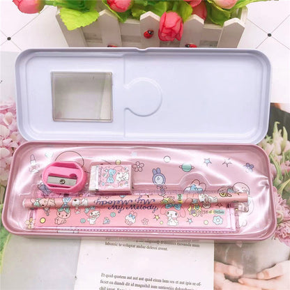 Cartoon Pencil Box with Sharpener & Eraser - Double Layer Metal Purple Pencil Box, Ideal for School & Birthday Gifts, Cartoon Pencil Childeren's Day Birthday Gift