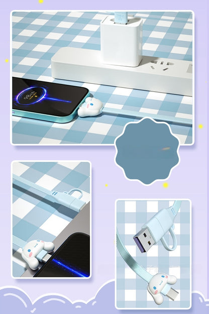 Cute Kitty Cartoon Charging Cable - Pink 2-in-1 Multi-Connector USB-C to USB-C/-C to C 3A USB Cable for Fast Charging, 1m Transfer Cable, USB-A Adaptor Included, Fast Charger Compatible