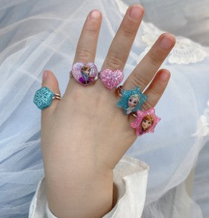 20Pcs Adjustable Princess pink Jewelry Girl Kids elsa Cartoon Plastic Rings Gift Set with Heart Shape Box