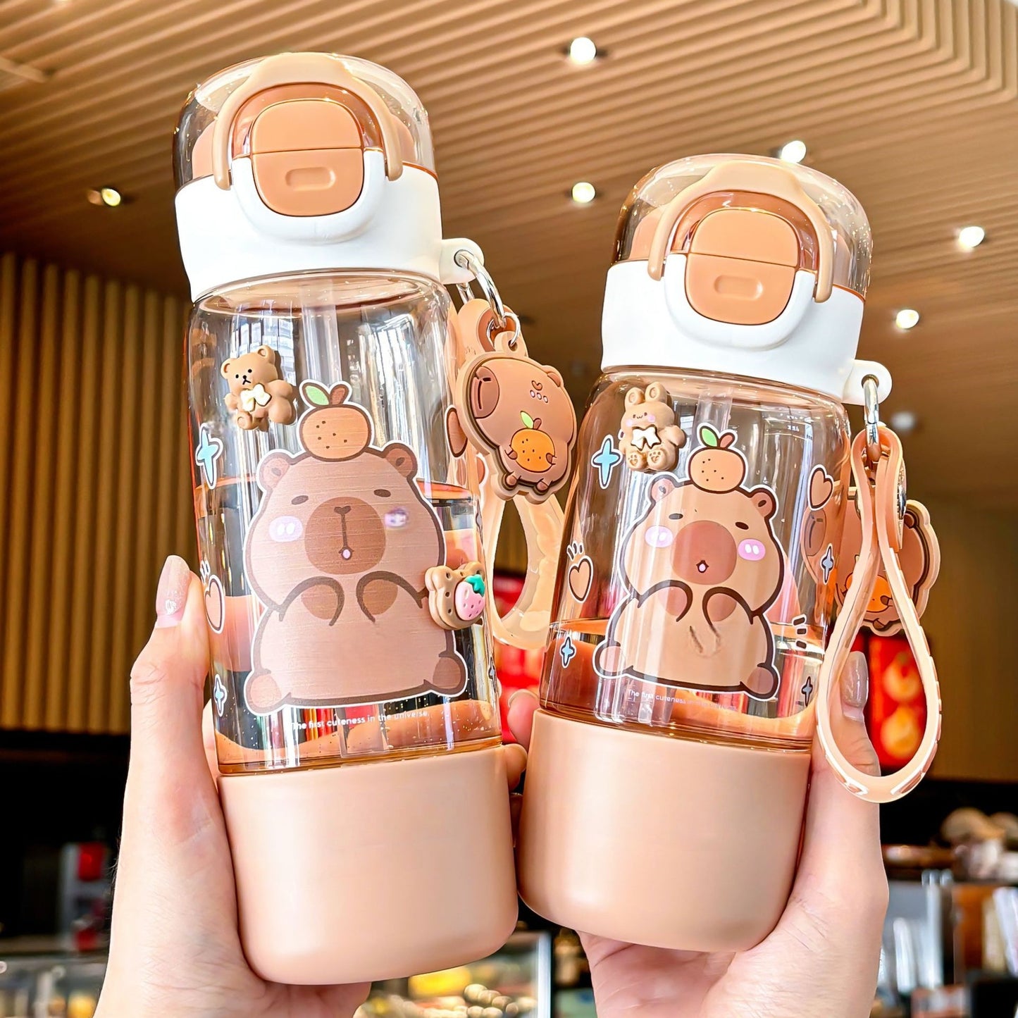 Water Bottle Reusable Kids 510ml PP with Two Lids Leak Proof with straw Lid BPA Free Drinking bottle (Capybara 510ml)