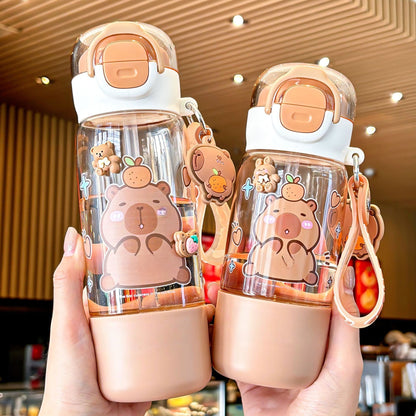 Water Bottle Reusable Kids 510ml PP with Two Lids Leak Proof with straw Lid BPA Free Drinking bottle (Capybara 510ml)
