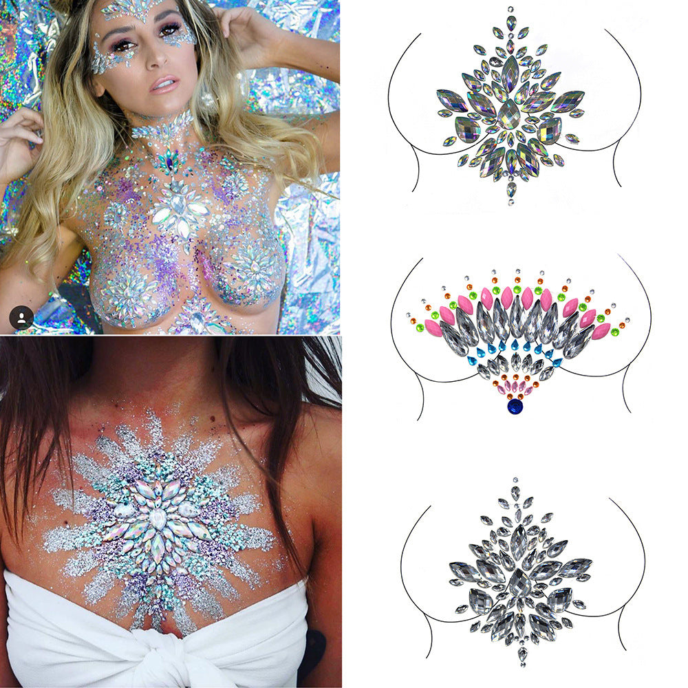 Women Kids 4 Sheets breast body neck Nipple Crystal Glitter Rhinestone Diamond Stickers Art Designs Self Adhesive Gem Festival Makeup Temporary Tattoos for Rave Festival Party
