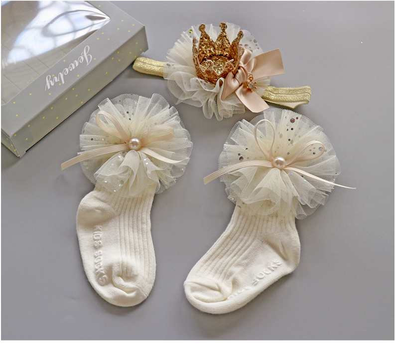 3PCS Baby Crown Lace Tutu Flower Socks Princess Party Newborn Toddler Ankle Socks Hair Headband Gift Set in Box (H)
