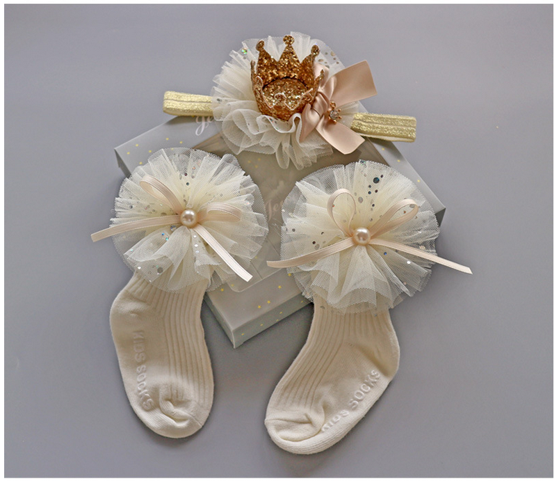 3PCS Baby Crown Lace Tutu Flower Socks Princess Party Newborn Toddler Ankle Socks Hair Headband Gift Set in Box (H)
