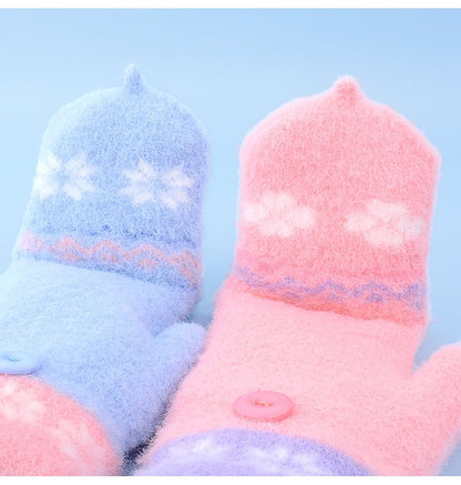 Fingerless Flap Cover Gloves Winter Knit Warm Mittens Soft Lined Fleece Thermal Outdoor Half Finger with Cover Convertible Flip Top for Kids boys girls (Blue Elsa)
