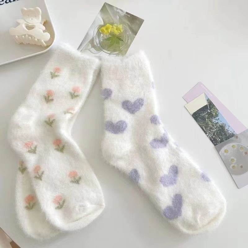 3 Pairs Fluffy Ladies Thermal Socks Womens Warm Thick Heat Wool Knitting Walking Boot Hiking Socks Winter (B)