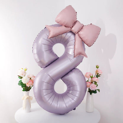 40'' Purple Number with Bow Balloon, Self Inflating Foil Light Pink Set 0-9, Pastel Pink Helium Balloon for Girls Birthday Party Decorations Anniversary Supplies (Purple, Number 9)