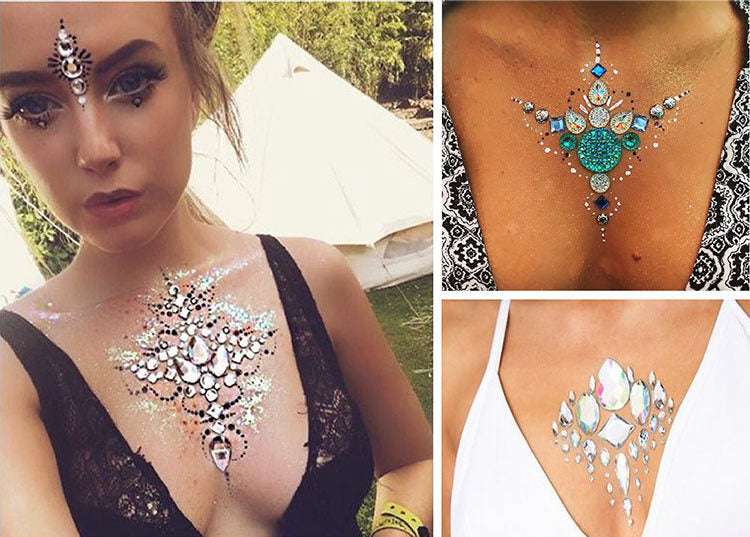 Women Kids 4 Sheets breast body neck Nipple Crystal Glitter Rhinestone Diamond Stickers Art Designs Self Adhesive Gem Festival Makeup Temporary Tattoos for Rave Festival Party