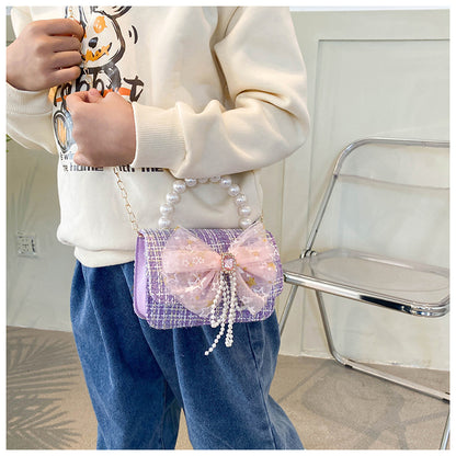Shoulder Bag Girls Kids Children Handbags Portable Mini Coin Purse Messenger Crossbody Bag Princess Pearl Bow Mini Flip Bag Accessories Bags Gift Travel Holiday